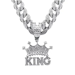 NL2223 KING Crown Pendant Necklace 12 mm Cuban Chain With Zinc Alloy and Full Rhinestone KING Crown Pendant Chokers Necklace