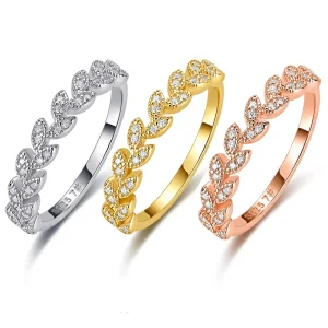 NOVA 925 Silver Moissanite Women’s Bohemian Ring Wheat Olive Branch Design Half Ring Inlaid Pave Setting Rose Gold Plated Light