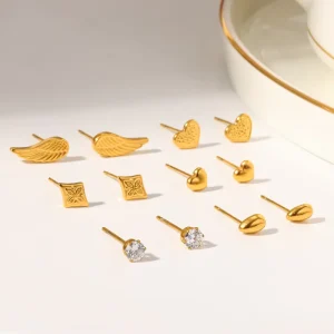 N&S Mini Heart Wing Ear Cuff Earrings Set Stainless Steel 18K Gold Plated Trendy Geometric Women’s Gift Fashion Jewelry