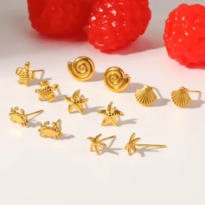N&S Ocean Animal Stud Earrings Set Stainless Steel 18K Gold Plated Waterproof Starfish Crab Shell Womens Fashion Jewelry
