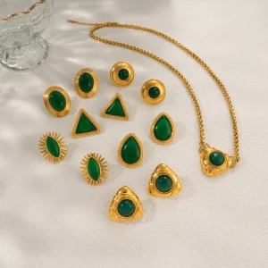 N&S Trendy 18K Gold Plated Stainless Steel Green Jewelry Set Emerald Necklace and Stud Earrings for Gift
