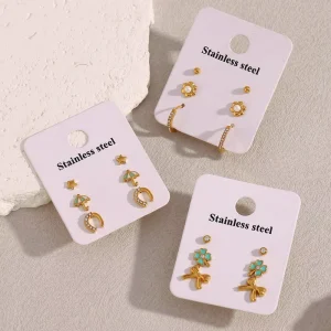 N&S Trendy Geometric Stainless Steel 18K Gold Plated Flower Star Umbrella U Hoop 3 Piece Stud Earrings Set for Women Gift