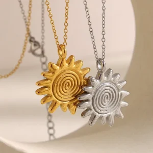 N&S Women’s Trendy Vintage Style 18K Gold Plated Stainless Steel Link Chain Fingerprint Sun Pendant Necklace Charm Jewelry