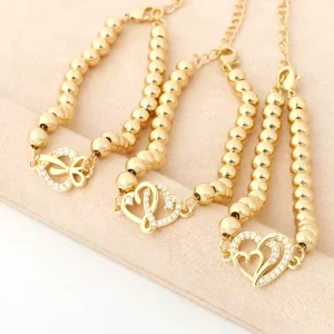 NYH Fashion Gold Beaded Heart Pendant Charm Micro Inlaid White Zircon Friendship Bracelet
