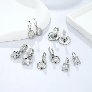 NYH Geometric Design Clear Zircon Hoop Earrings Silver Plated Copper Jewelry Aretes Unique Heart Star Drop Earring for Women