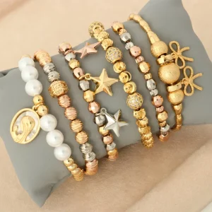 NYH Mixed Color Beaded Stretch Bracelet Copper Trendy Star Knot Pendent Fashion Jewelry Bracelets for Women Men