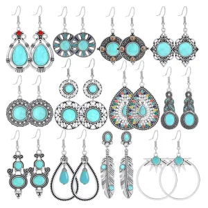 NYY Retro Exaggerated Geometric Alloy Earrings for Women Bohemian Turquoise & Greenstone Design European American Fringe Style