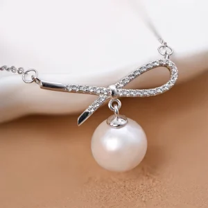 Natural 10 11mm Round Freshwater Pearl Necklace with 925 Sterling Silver Zircon Bow Clasp Elegant Pearl Jewelry