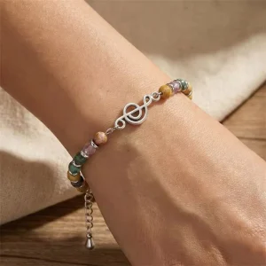 Natural African Turquoise Rose Quartz Music Bracelet Musical Note Charm Beaded Bracelet Teacher’s Day Gift for Mentor Women