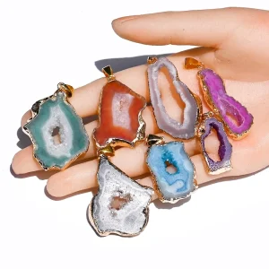 Natural Agate Geode Pendant Irregular Striped Raw Stone Slice with Gold Plated Necklace for DIY Jewelry