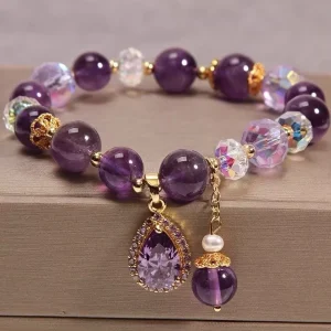 Natural Amethyst Beaded Bracelet With Teardrop Pendant Crystal Accents Gold Plating Support Custom Bulk Orders