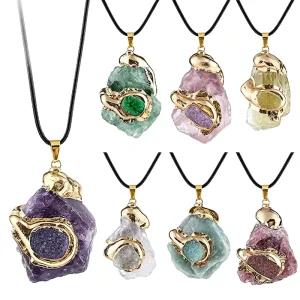 Natural Amethyst White Crystal Pendant Necklace Hand Hammered Irregular Raw Stone Design Gold Plated Setting