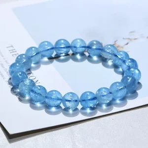 Natural Aquamarine Bracelet Cat Eye Crystal Round Bead Bracelet Jewelry