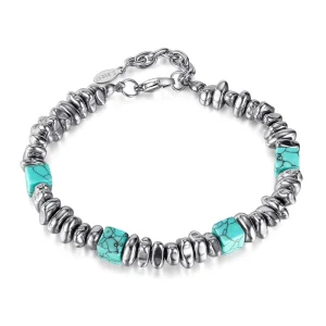 Natural Blue Turquoise Hematite Beaded High Polished Stainless Steel Bracelet 195mm Extension Chain 35mm Jewelry