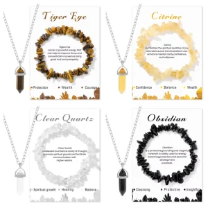 Natural Citrine Amethyst Hexagon Shape Alloy Stretch Bracelet Unisex Minimalist Clavicle Necklace With Card For Gift