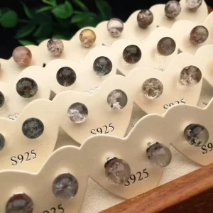 Natural Colored Phantom Round Beads Stud Earrings S925 Silver Needle Ins Style Simple and Fashionable Jewelry