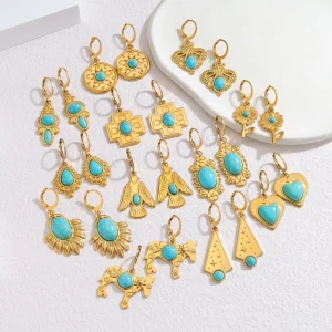 Natural Creative Bohemian Turquoise Ethnic Vintage Waterproof Stainless Steel Earrings Pendant Women