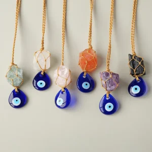 Natural Crystal Car Hanging Evil Eye Protection Pendant Natural Stone Charms For Car Rearview Mirror Decor
