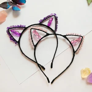 Natural Crystal Chips Amethyst Points Cat Ear Shaped Headband Hair Accessories for Women