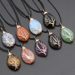 Natural Crystal Healing Stones Drop Shape Wire Wrap Tree of Life Fashion Pendants Charms Jewelry Accessories