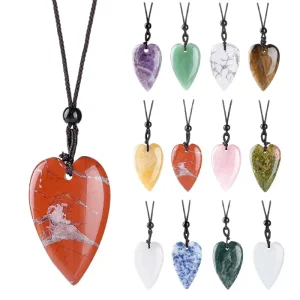 Natural Crystal Heart Pendant Necklace 40mm Carved Agate Stone Love Charm Healing Energy Jewelry For Women’s Gifts