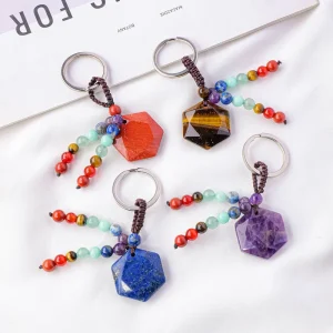 Natural Crystal Hexagram Keychain 7 Chakra Beaded Gemstone Pendant for Bag Charm and Spiritual Balance