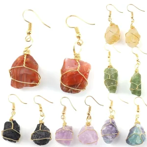 Natural Crystal Stone Wire Wrapped Eardrop Eco Friendly Handmade Green Aventurine Jewelry Crystal Earrings