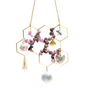 Natural Crystals Pebbles Suncatcher Window Hanging Honeycomb Light Collector Crystal Pebbles Alloy Handmade DIY Hive Home Garden