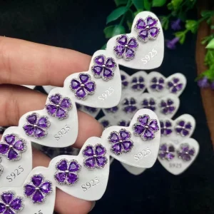 Natural Cut-faced Amethyst Four-leaf Clover Stud Earrings S925 Silver Needle Fashionable Crystal Jewelry Ornament