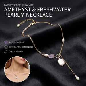 Natural Freshwater Baroque Pearl Amethyst Bezel Set 18K Gold Plated Stainless Steel Non Tarnish Y Lariat Necklace Women Daily