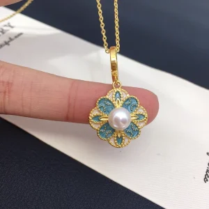 Natural Freshwater Pearl AAAAA Grade 6.5 7mm Shape Pendant Ancient Style Retro Lace Flower White Alloy Universal Necklace