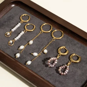 Natural Freshwater Pearl Chain Drop Huggie Hoop Earrings 18K Gold Long Dangle Lavender Cluster Boho Jewelry For Women