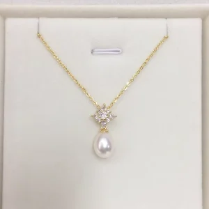 Natural Freshwater Pearl Flower Shape Drop shaped AAAAA Grade White Alloy Sweater Chain Necklace Pendant Unisex CN