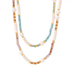 Natural Freshwater Pearl Glass Stone Bead Stainless Steel Necklace Japanese Korean Style