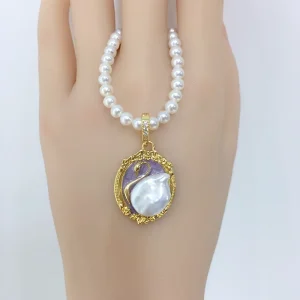 Natural Freshwater Pearl Sweater Chain Necklace Alloy AAAAA Grade White Round Shape All purpose Pendant