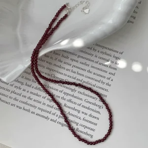 Natural Garnet Women’s Pearl Bamboo Necklace Sporty Extra Fine 3mm Chain Burgundy Clavicle Length Light Luxury Niche Accessory