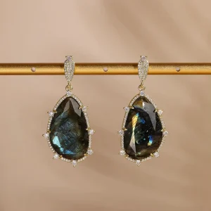 Natural Gemstone Drop Earrings Gold Plated Cubic Zirconia Surround Teardrop Dangle Earrings Women Big Statement Gem Jewelry