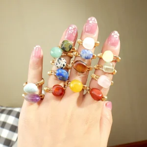 Natural Gemstone Handmade Wire Wrapped Tumbled Stone Rings Adjustable Golden Color Finger Rings Crystal Bulk