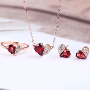 Natural Gemstone Jewelry Red Garnet Stud Earring Pendant Necklace Ring 925 Sterling Silver Jewelry Set