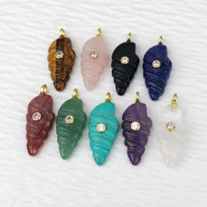 Natural Gemstone Turquoise Rose Quartz Conch Pendant Gold Plated Oncomelania Shape Charms CZ Inlaid Fashion Charm