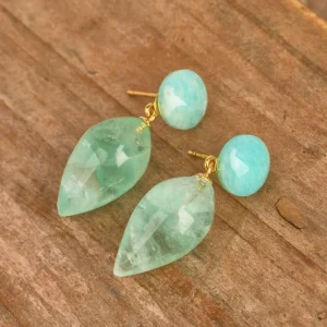 Natural Green Fluorite Amethyst Teardrop Dangle Earrings Fashionable Gemstone Jewelry