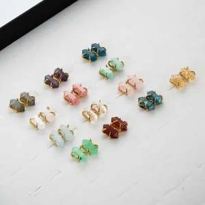 Natural Healing Crystal Point Birthstone Jewelry Earring Hexagon Claw Stud Earrings