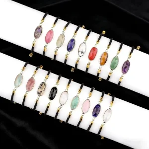 Natural Healing Stone Oval Faceted Edge Plated Double Buckle Adjustable Couples Crystal Bracelet Fashion Jewelry