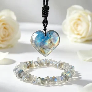 Natural Labradorite Amethyst Heart Pendant Crystal Necklace With Chip Stone Bead Bracelet Gift Box Jewelry Set Women