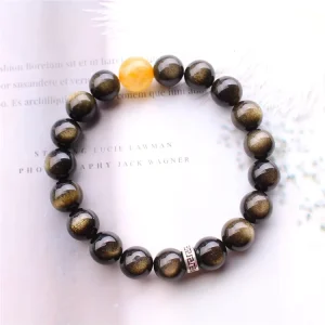 Natural Obsidian With Rutilated Quartz DIY Bracelet Fashion Crystal Black Bracelet Jewelry
