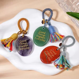 Natural Palm Stone Keychain Cute Rainbow Tassel Custom Words Lucky Oval Worry Stone Charm Pendant for Bag Key Car Decor Gift