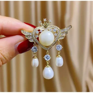 Natural Pearl Brooch Luxury Copper Pin Tassel Angel Wings Zircon Processing Technology Fashion Suit for Children
