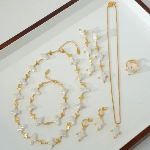 Natural Pearl Cross Jewelry Set Real Gold Plated Brass Cross Necklace Earrings Ring Bracelet 6 Piece Fashion Jewelry Set