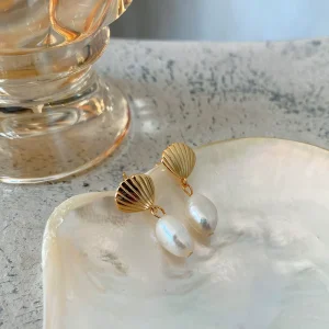 Natural Pearl Earrings 925 Sterling Silver Gold Plated Shell Dangle Earrings Freshwater Pearl Drop Earrings
