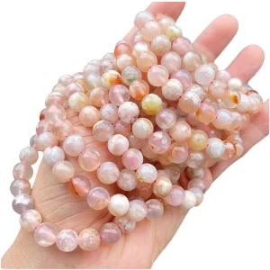 Natural Pink Cherry Blossom Agate Bracelet Madagascar Ice Clear Sakura Flower Agate Stretch Beaded Bracelet for Women